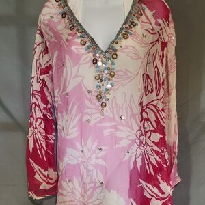 Pink and Red Embellished Long Sleeve Swim Coverup